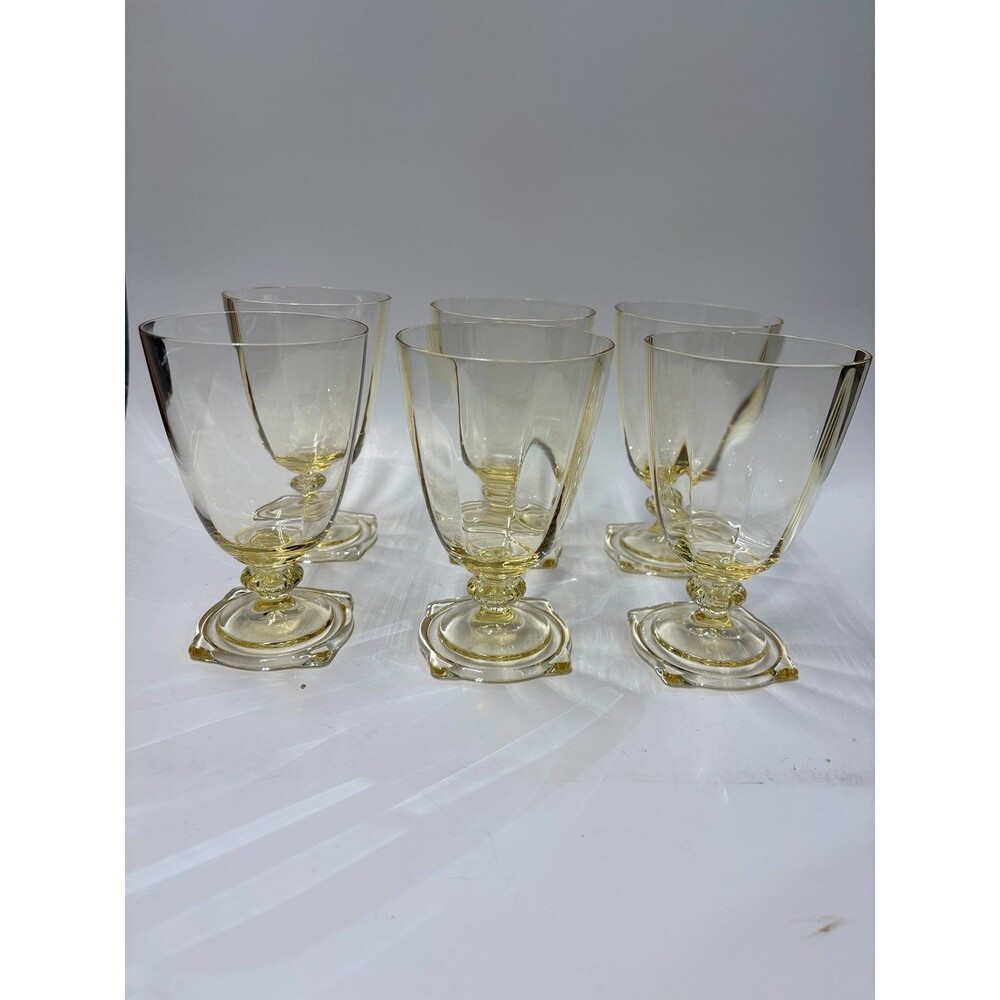 Vintage Heisey Carcassonne Sahara Yellow Footed Goblets Set of 6 Square Fo